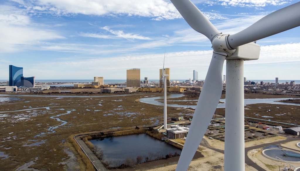 Wind turbines spin to generate electrical power in Atlantic City, New Jersey, 2021. (AP)