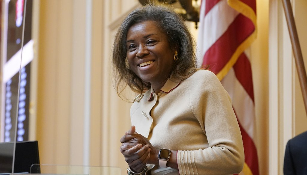 Virginia Lt. Gov. Winsome Earle-Sears greets visitors Jan. 25, 2022, before the start of the Senate Session at the Capitol in Richmond, Va. (AP Photo)