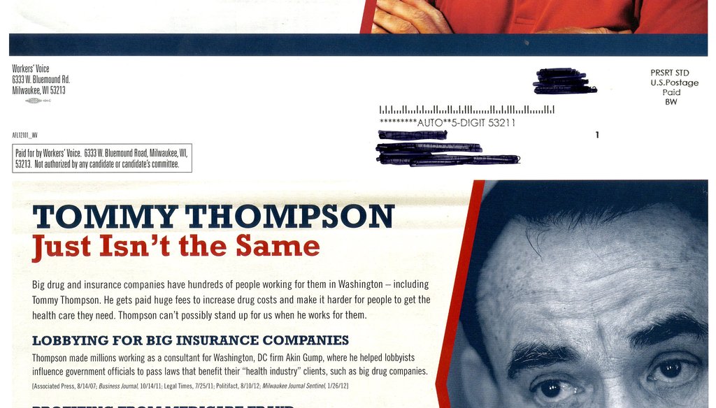 Workers' Voice, a group funded by the AFL-CIO, mailed this flier attacking Tommy Thompson in the 2012 Wisconsin Senate race