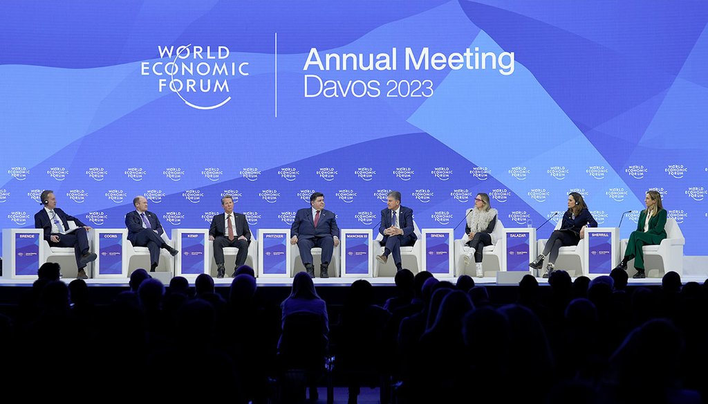 A panel discussion takes place Jan. 17, 2023, at the World Economic Forum in Davos, Switzerland. (AP)