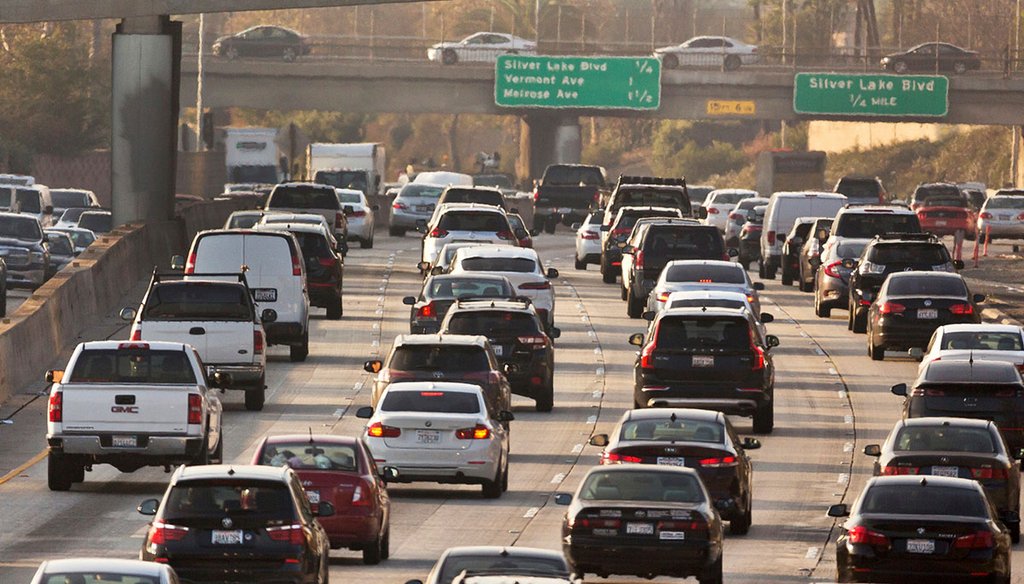 Traffic moves along on the Hollywood Freeway in Los Angeles. (AP)