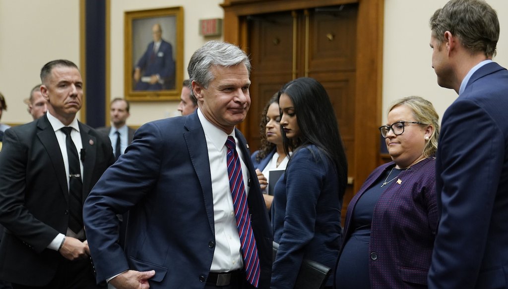 FBI Director Christopher Wray departs July 12, 2023, after testifying before a House Committee on the Judiciary oversight hearing in Washington. (AP)