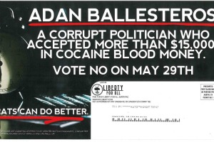 This shows one side of a mailer sent by the Liberty for All super PAC in May 2012. We ultimately did not rate the claim about Ballesteros accepting such money.