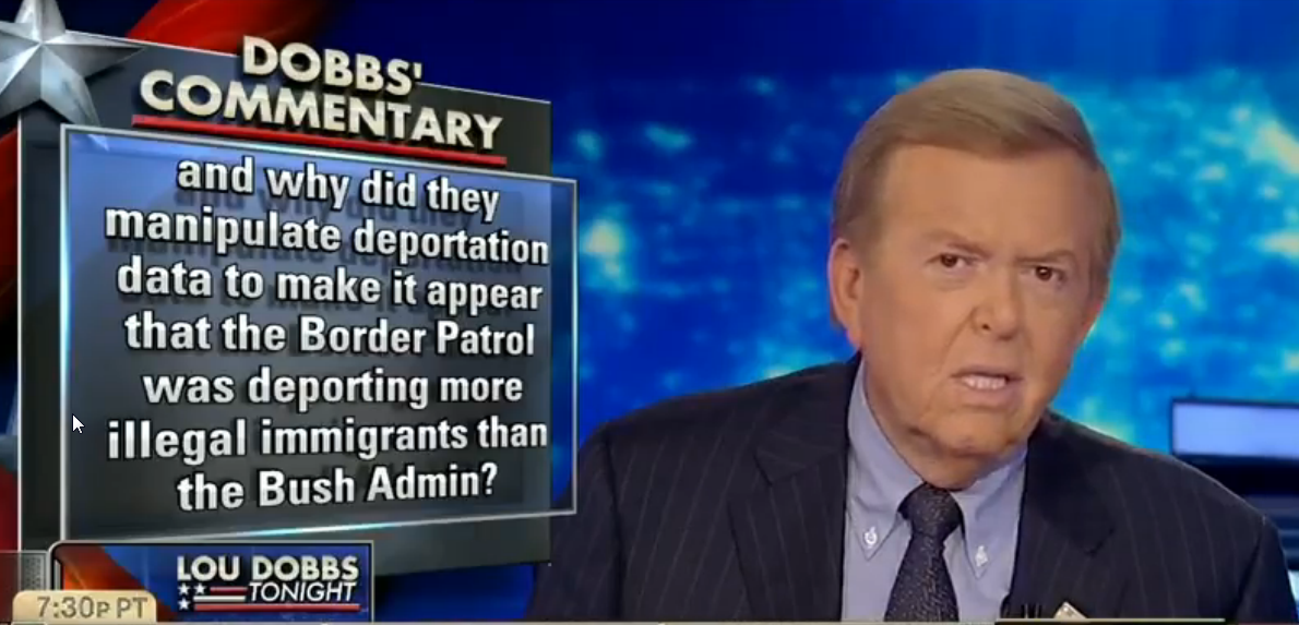 Fox Business host Lou Dobbs said Barack Obama "manipulated deportation data to make it appear that the border patrol was deporting more illegal immigrants than the Bush administration."