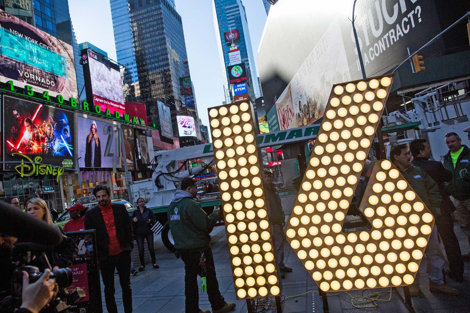 The numerals "1" and "6," to be used to spell out "2-0-1-6" during the Times Square New Year’s Eve celebration, are unveiled Dec. 15, 2015 in New York City. (Photo by Andrew Burton/Getty Images)