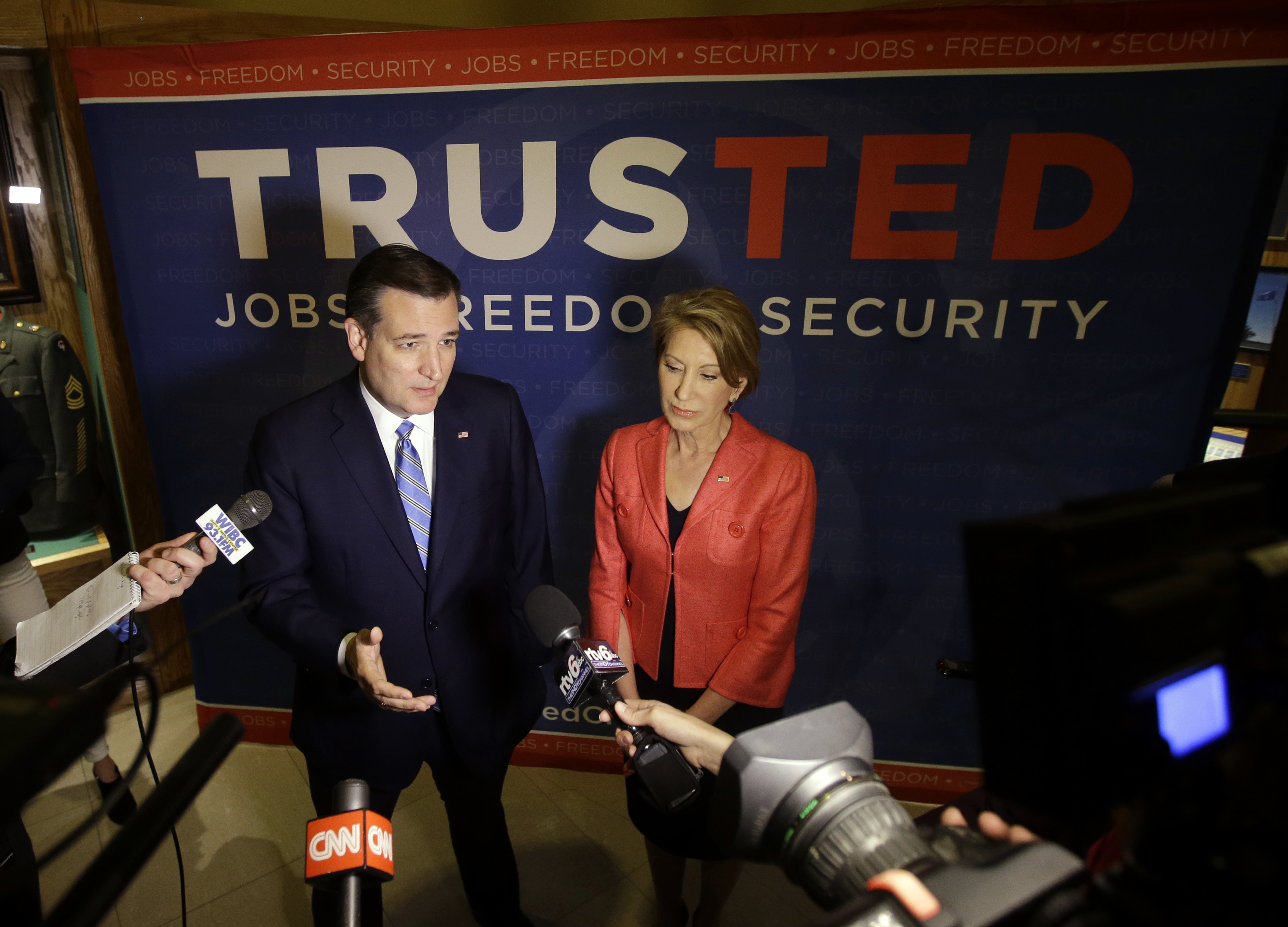 Presidential hopeful Ted Cruz and his running mate Carly Fiorina. Associated Press photo.