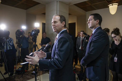 Rep. Adam Schiff, D-Calif., ranking member of the House Intelligence Committee, left, accompanied by Committee Chairman Rep. Devin Nunes, R-Calif., talks to reporters on Capitol Hill in Washington, Thursday, March 2, 2017. (AP Photo/J. Scott Applewhite)