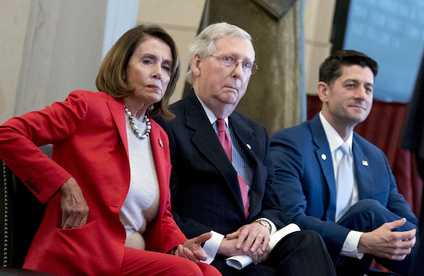 From left, House Minority Leader Nancy Pelosi of Calif., Senate Majority Leader Mitch McConnell of Ky., and House Speaker Paul Ryan of Wis., appear for a Congressional Gold Medal Ceremony. (AP)