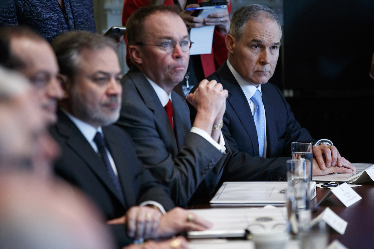 Environmental Protection Agency administrator Scott Pruitt listens as President Donald Trump speaks during a cabinet meeting on April 9, 2018.