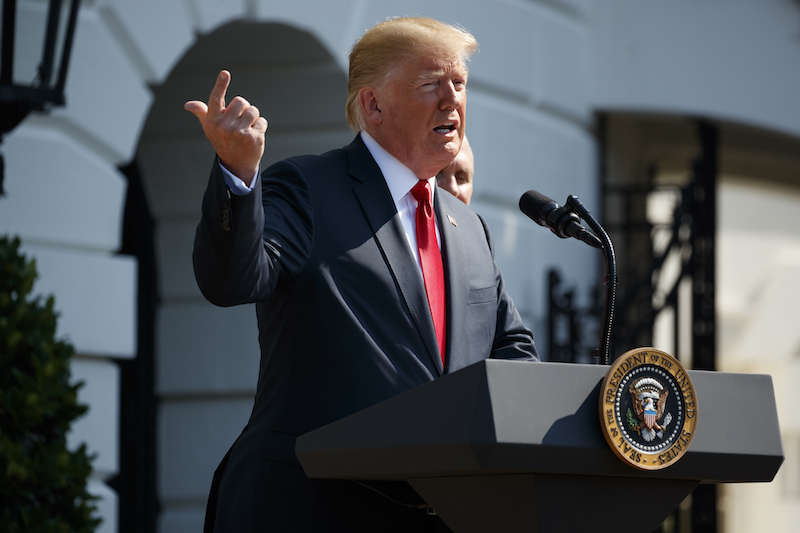 President Donald Trump delivers remarks about the economy on the South Lawn of the White House on July 27, 2018, in Washington. (AP)