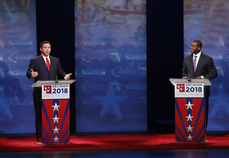 Florida gubernatorial candidate Republican Ron DeSantis speaks as he and Democrat Andrew Gillum debate Oct. 24, 2018, at Broward College in Davie, Fla. (AP)