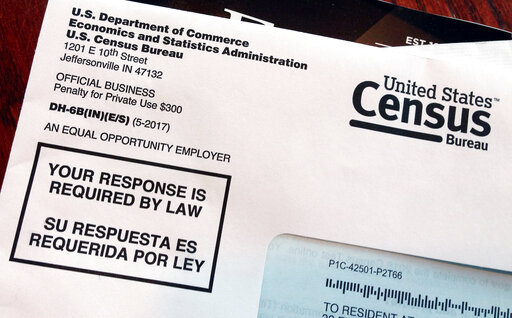 FILE - This March 23, 2018 file photo shows an envelope containing a 2018 census letter mailed to a U.S. resident as part of the nation's only test run of the 2020 Census. (AP Photo/Michelle R. Smith, File)