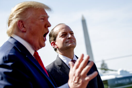 President Donald Trump appears in Washington July 12, 2019, with former Labor Secretary Alex Acosta who stepped down amid criticism of his handling of the Jeffrey Epstein case. (AP)