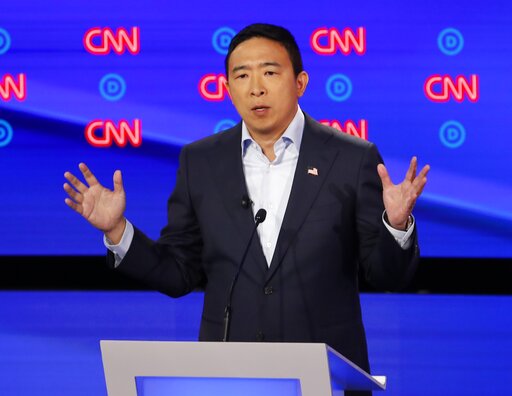 Andrew Yang participates in a Democratic presidential primary debate on July 31, 2019, in Detroit. (AP)