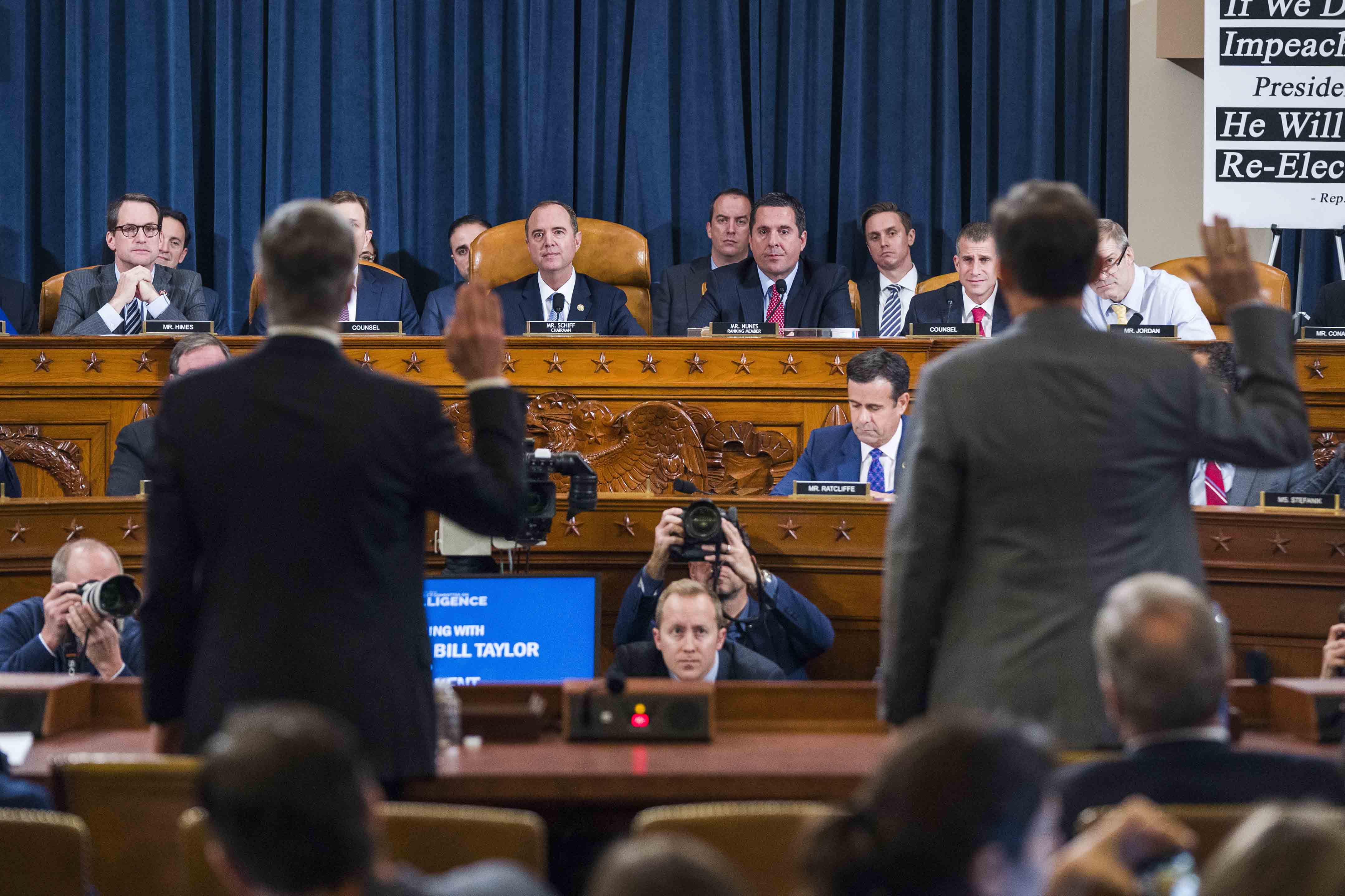 Top U.S. diplomat in Ukraine William Taylor, left, and Career Foreign Service officer George Kent are sworn in prior to testifying before the House Intelligence Committee on Capitol Hill in Washington on Nov. 13, 2019. (AP)