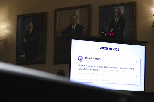 A tweet from President Donald Trump is displayed as former U.S. Ambassador to Ukraine Marie Yovanovitch testifies before the House Intelligence Committee in Washington on Nov. 15, 2019. (AP/Harnik)