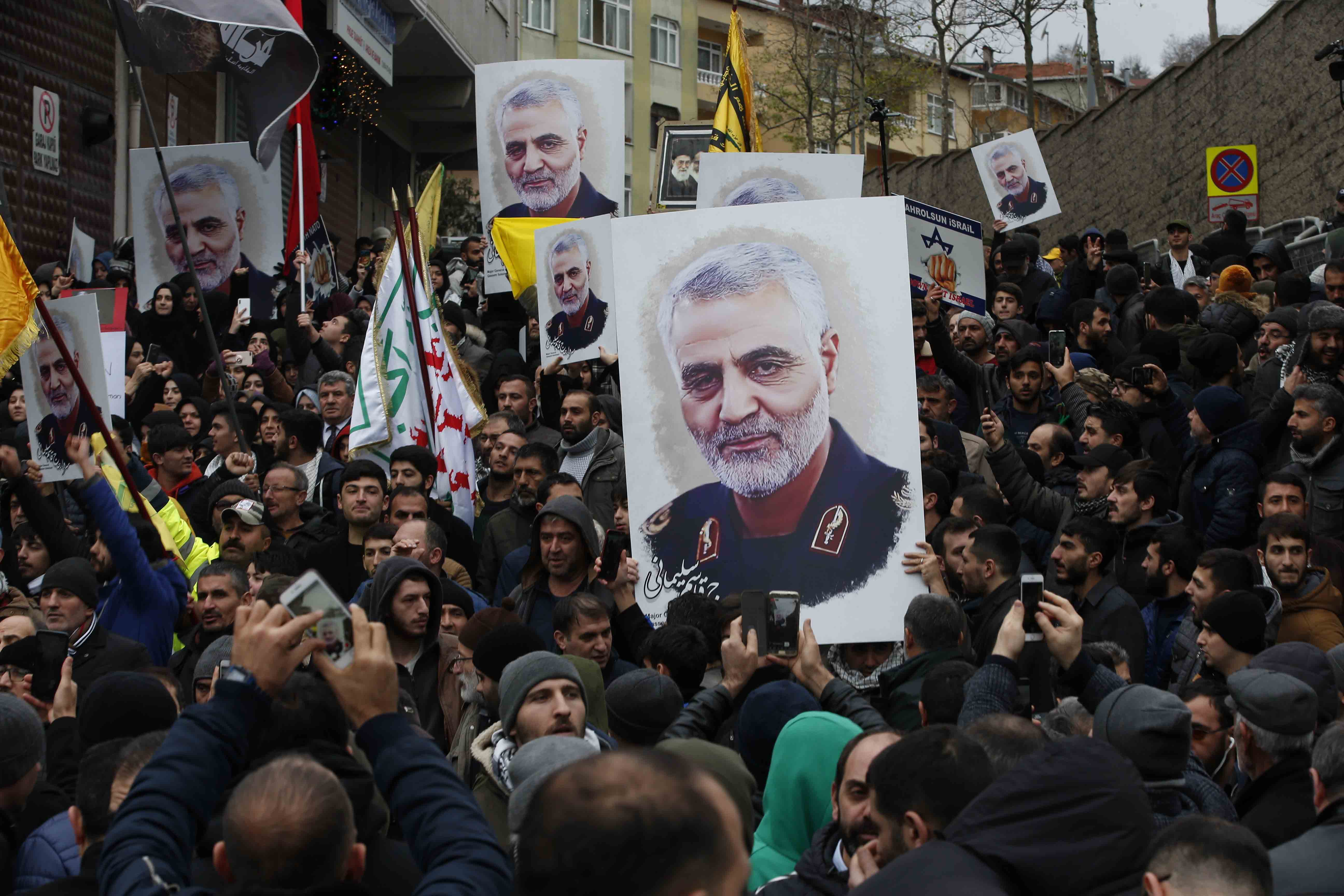 Protesters gather during a demonstration against the killing of Iranian Revolutionary Guard Gen. Qassem Soleimani, close to United States' consulate in Istanbul on Jan. 5, 2020. (AP)