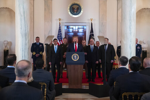 President Donald Trump addresses the nation from the White House on the ballistic missile strike that Iran launched against Iraqi air bases housing U.S. troops, Jan. 8, 2020. (AP/ Evan Vucci)