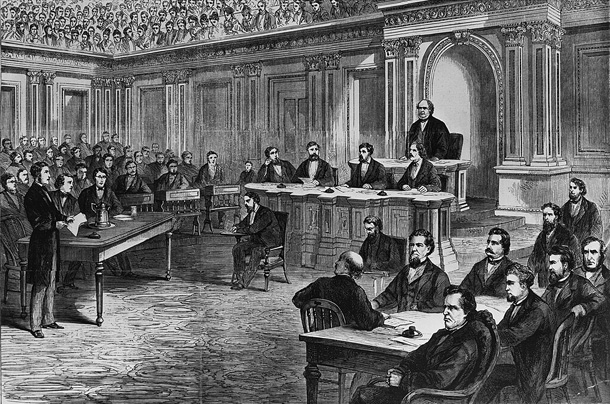The impeachment trial of President Andrew Johnson in 1868.