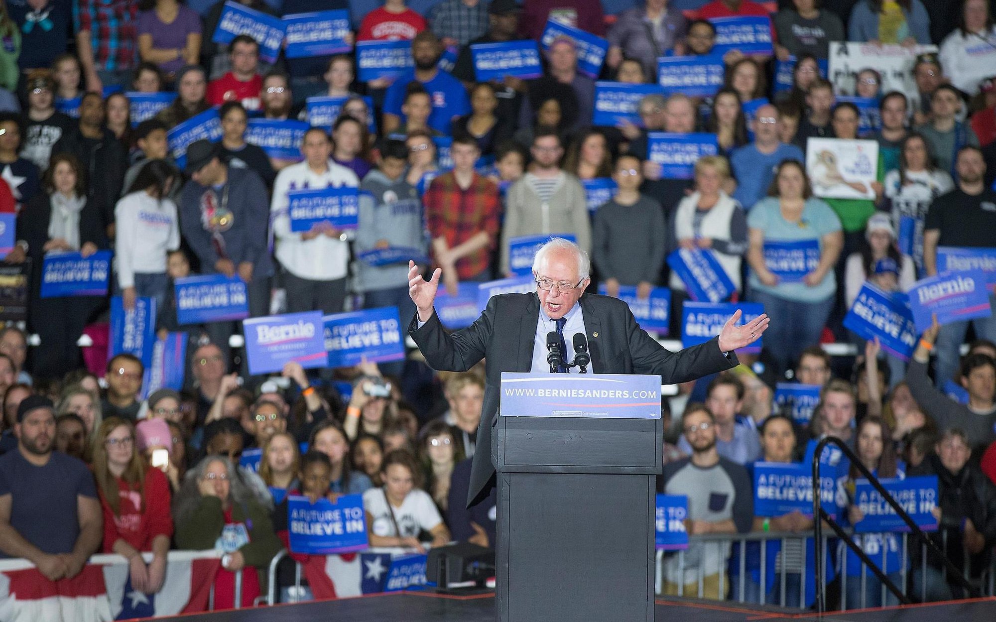 Democratic presidential candidate Bernie Sanders speaks at a campaign rally March 26, 2016 at the Alliant Energy Center in Madison. (Getty Images)