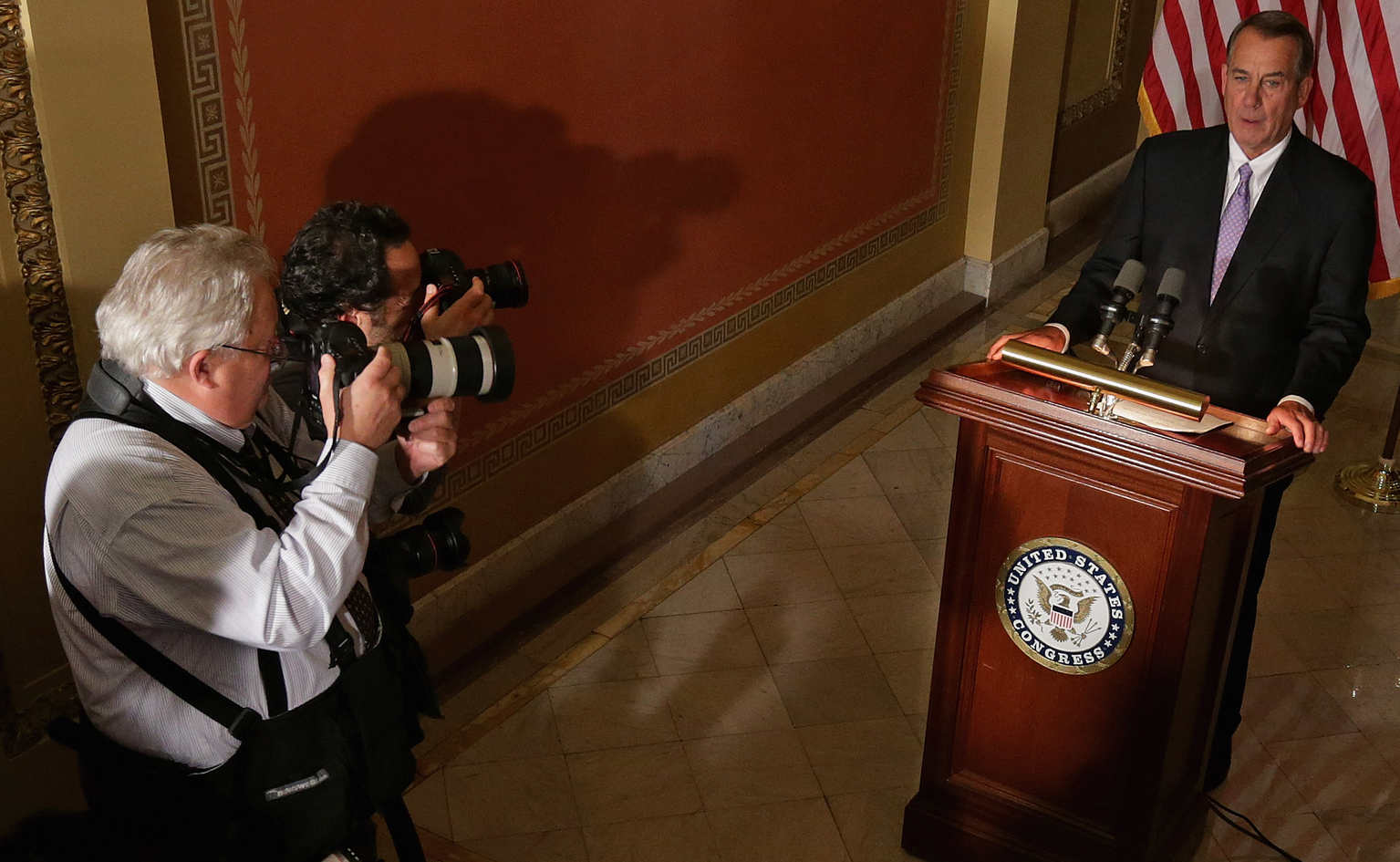 Speaker of the House John Boehner talks with reporters after President Barack Obama announced he would stop deportations of some undocumented immigrants. (Getty Images)