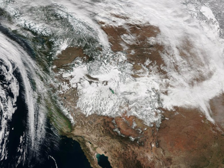 January brought abundant snow to the Sierra Nevada, but February has been mostly dry. A view of true-color imagery of the snow covering the Western U.S. from NOAA Satellite and Information Service. NOAA / Courtesy