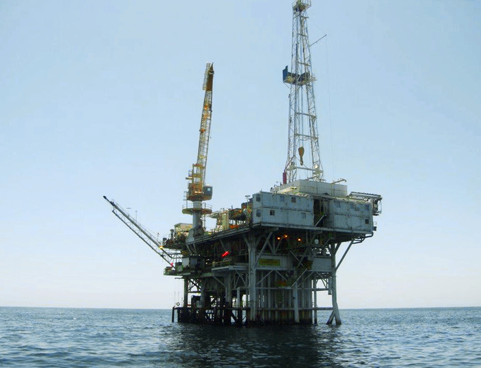 Platform Holly, an oil drilling rig in the Santa Barbara Channel offshore of the city of Goleta, Calif. The platform was idled when an onshore pipeline ruptured and spilled a massive amount of oil, the state said in 2017. (State Lands Commission via AP)