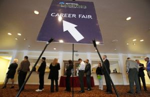 A line forms at a career fair in San Jose, Calif. The federal jobs report released on July 8, 2011, offered only grim numbers to Americans hoping for signs of a sustained recovery.