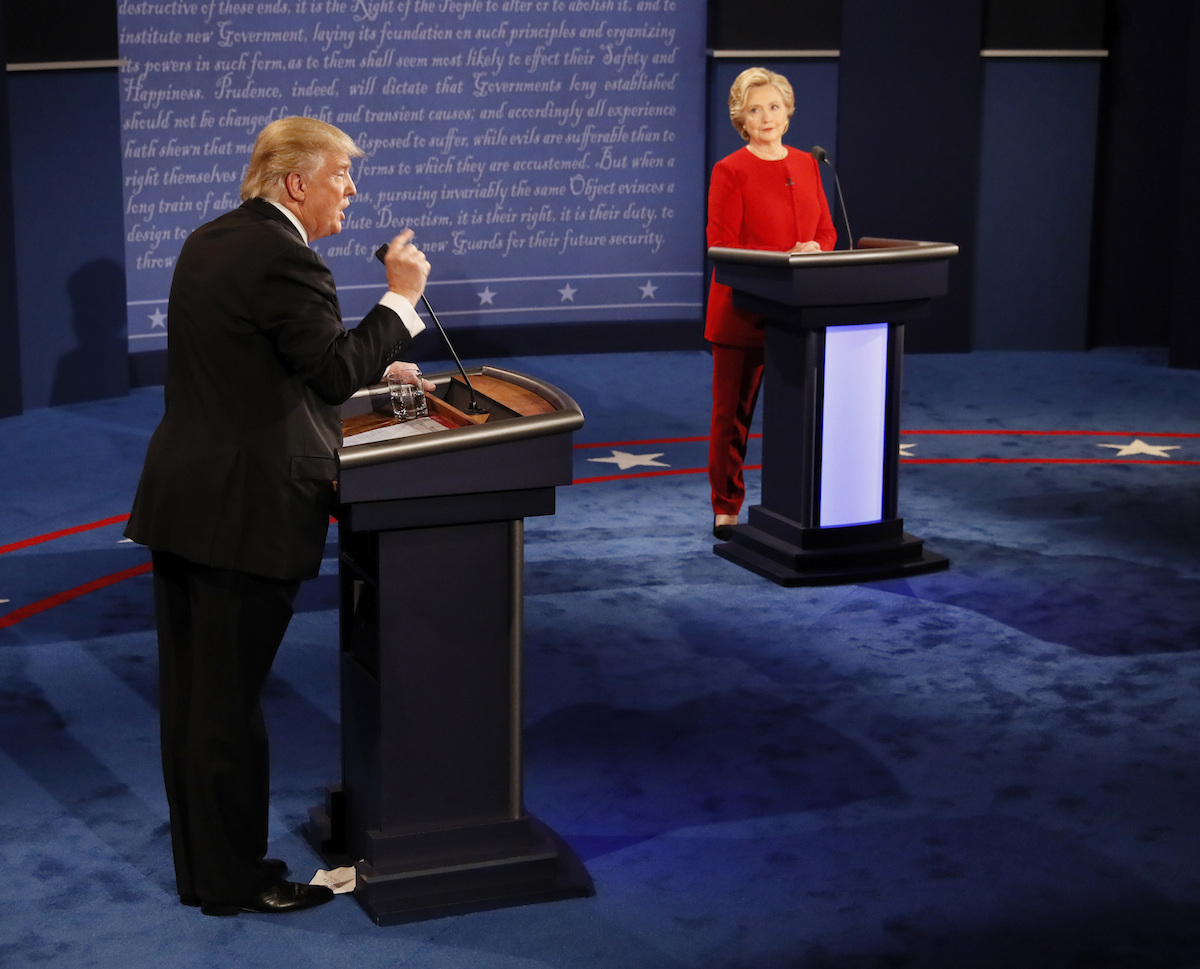Republican presidential nominee Donald Trump gestures during the presidential debate with Democratic presidential nominee Hillary Clinton at Hofstra University in Hempstead, N.Y., Monday, Sept. 26, 2016. (Rick T. Wilking/Pool via AP)