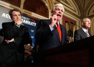 Democratic senators discuss financial regulation. From left, Sen. Sherrod Brown of Ohio, Sen. Chris Dodd of Connecticut, Sen. Harry Reid of Nevada.