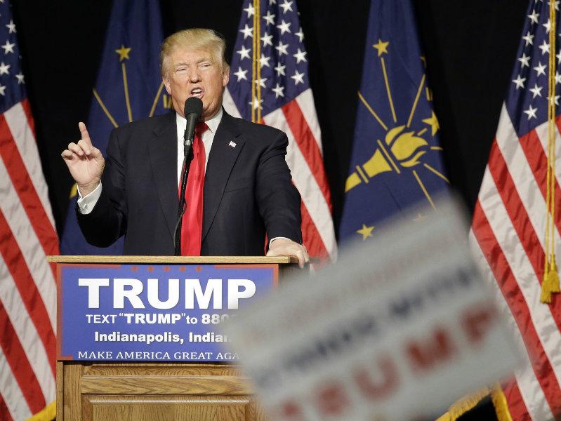 Republican presidential candidate Donald Trump speaks during a campaign stop Wednesday, April 20, 2016, in Indianapolis. (AP Photo/Darron Cummings)