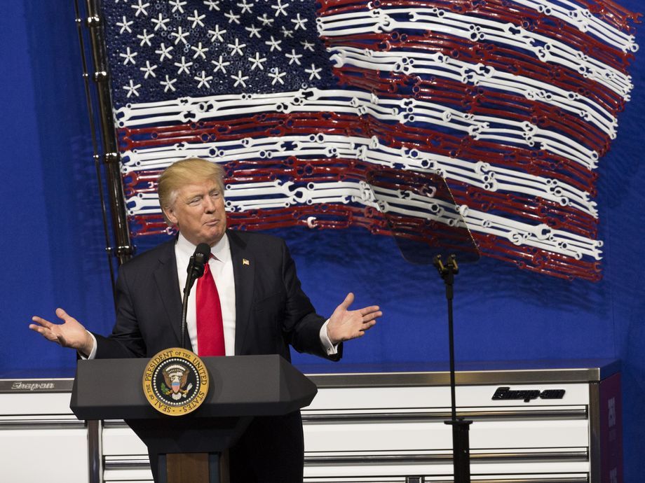 President Donald Trump, touting his "Buy American" agenda, spoke in Kenosha, Wis., on April 18, 2017. (Milwaukee Journal Sentinel/Mark Hoffman)