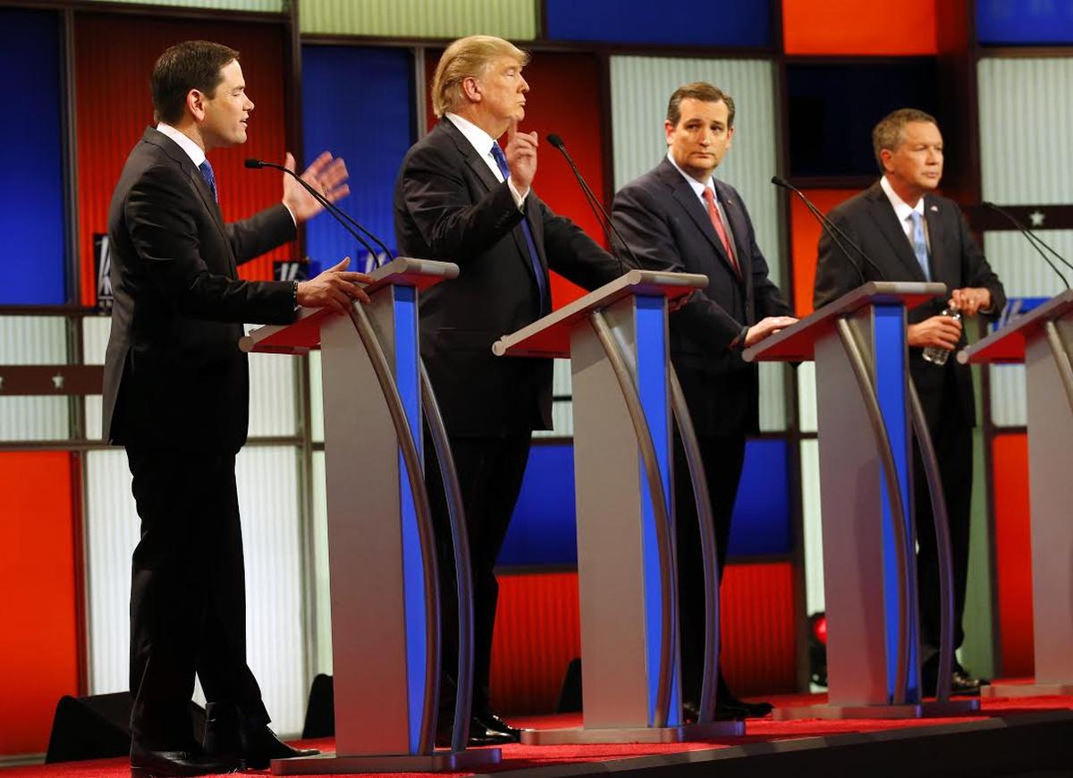 Republican presidential candidates Marco Rubio, Donald Trump, Ted Cruz and John Kasich debate on March 3 in Detroit. (AP)