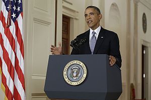 President Barack Obama addresses the nation in a live televised speech from the East Room of the White House on September 10, 2013.