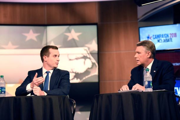 Congressional District candidates Dan McCready and Mark Harris take part in a WBTV and Charlotte Observer debate on Wednesday, October 10, 2018. (courtesy of the Charlotte Observer)