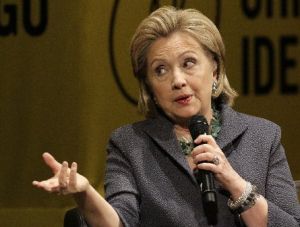 Former Secretary of State Hillary Clinton answers a question from the crowd during a stop on her book tour in Chicago, on June 11, 2014.