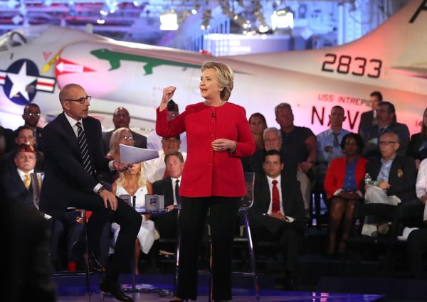 NBC's Matt Lauer looks on as Democratic presidential nominee Hillary Clinton speaks during the Commander-in-Chief Forum on Sept. 7, 2016 (Justin Sullivan/Getty Images)