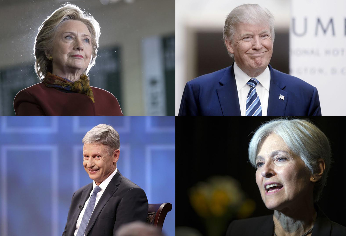 (From left to right) Hillary Clinton, Donald Trump, Gary Johnson and Jill Stein. (AP Photo/Mary Altaffer; Olivier Douliery; Ryan M. Kelly;AP Photo/D. Ross)
