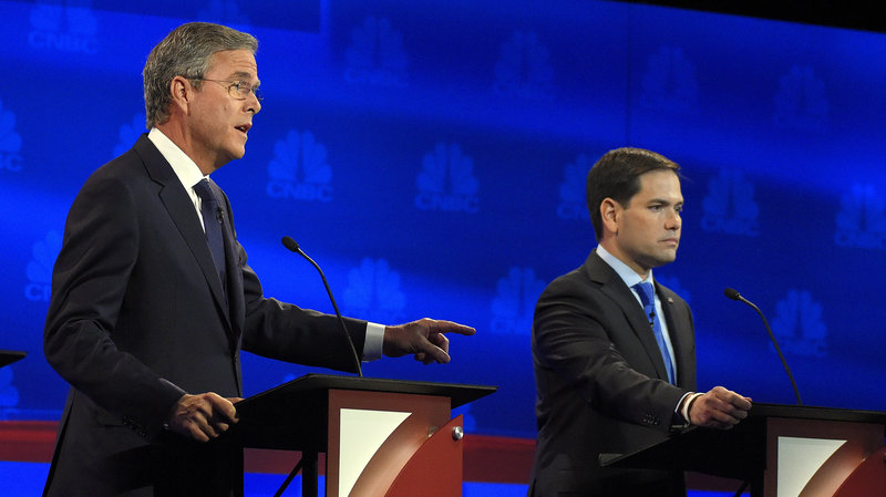Former Florida Gov. Jeb Bush and U.S. Sen. Marco Rubio sparred during the CNBC debate Oct. 28, 2015. (Associated Press)