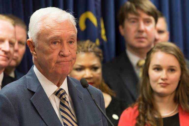im Gardner, a former Republican N.C. lieutenant governor and U.S. congressman, speaks at a press conference in support of the state's 'Raise The Age' bill