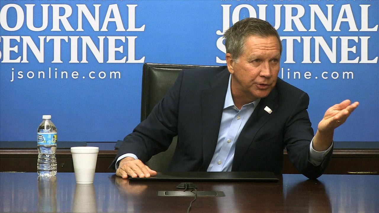 Republican presidential candidate and Ohio Gov. John Kasich met with the editorial board of the Milwaukee Journal Sentinel one week before Wisconsin's April 5, 2016 primary election. (Milwaukee Journal Sentinel photo)
