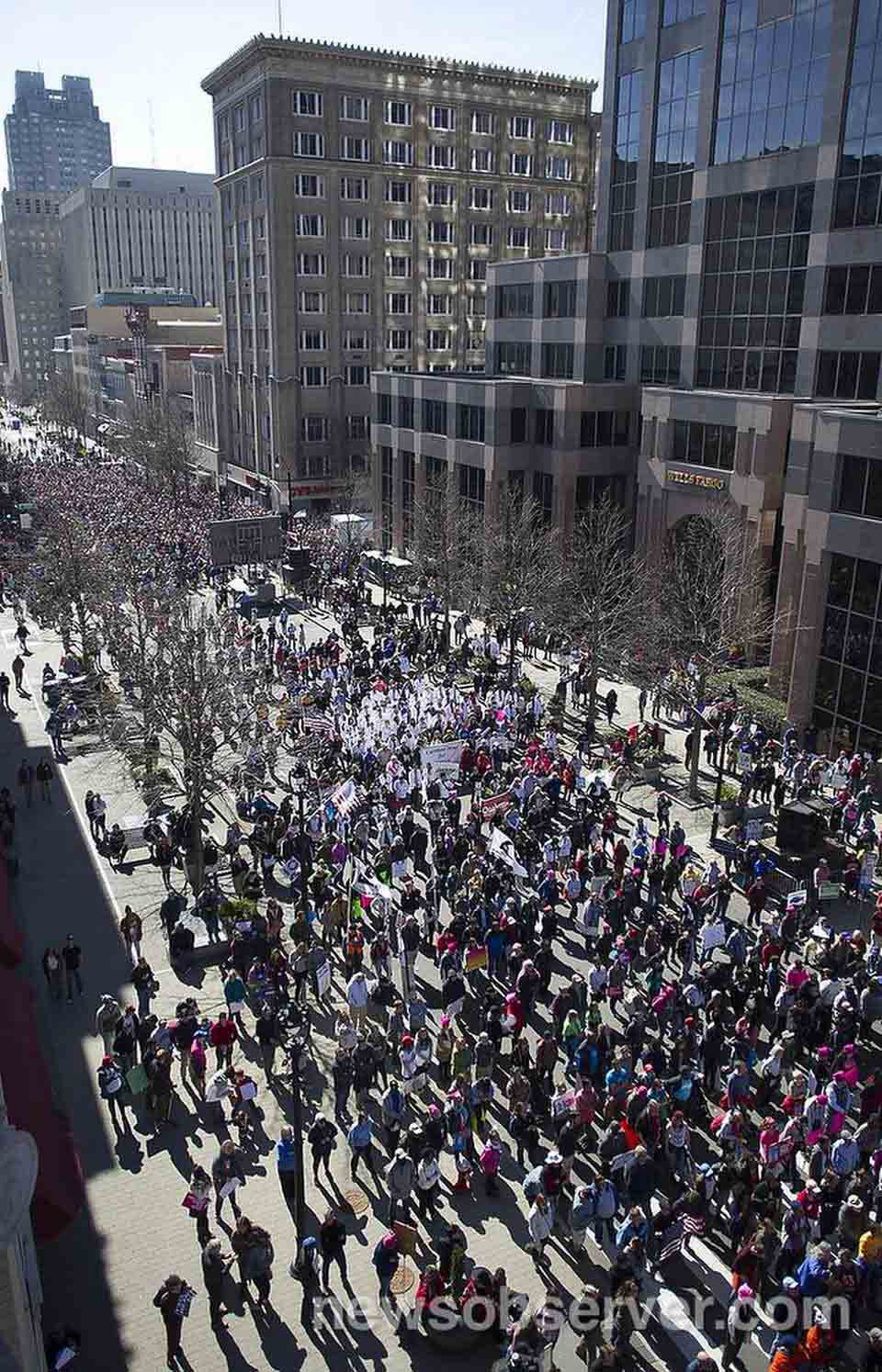 A shot of the crowd on Fayetteville Street during the HKonJ march in Raleigh, Feb. 11, 2017. News & Observer photo.