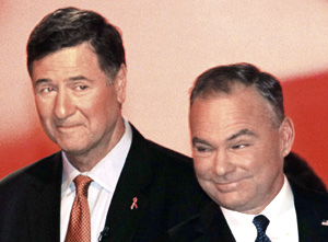 U.S. Senate candidates George Allen, left, and Timothy Kaine thank the panelists after their debate Monday night.