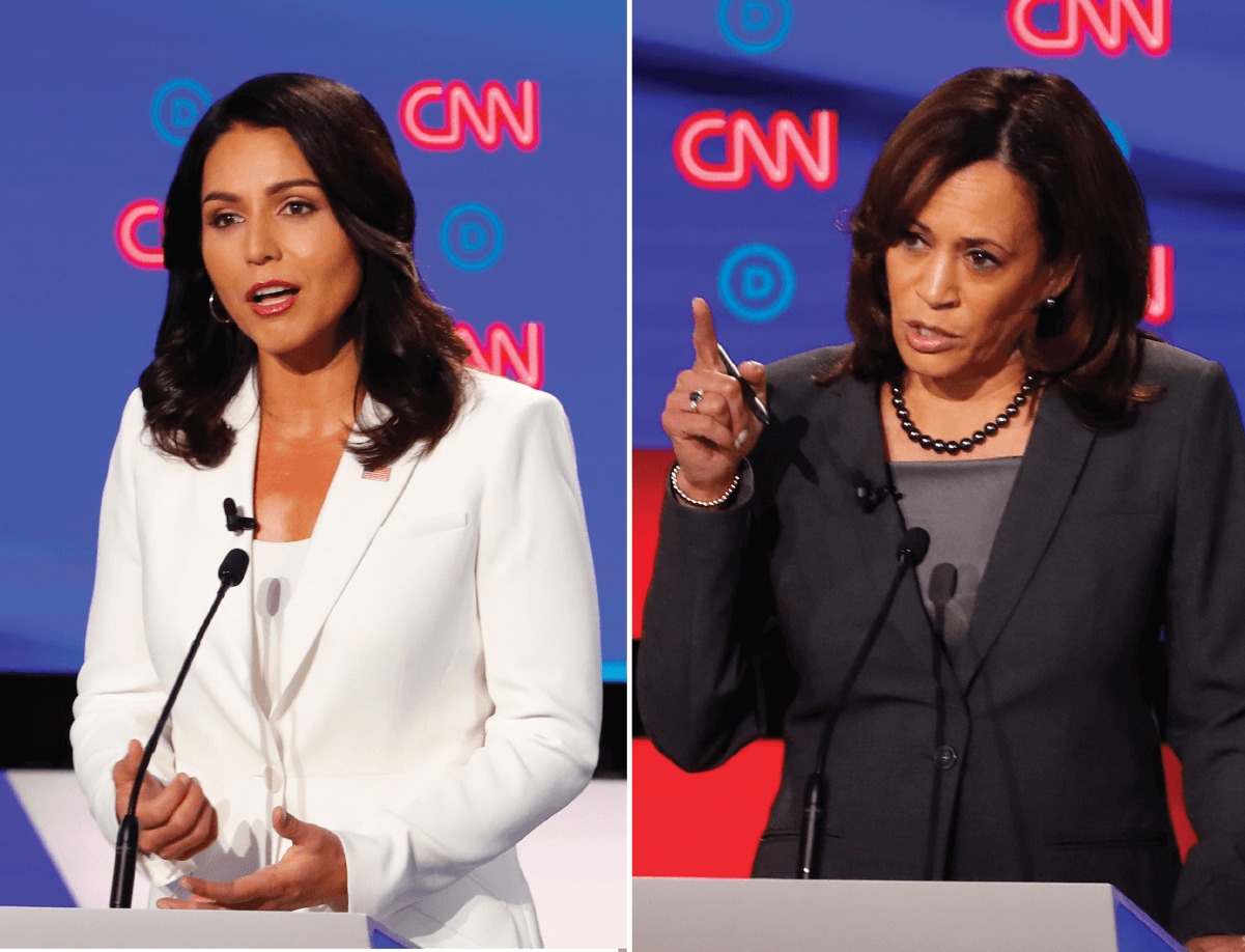 Rep. Tulsi Gabbard of Hawaii attacked California Sen. Kamala Harris' record as a prosecutor at the Democratic presidential debate in Detroit / Associated Press