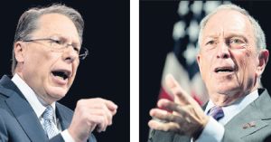 Wayne LaPierre, left, of the National Rifle Association; right, New York City Mayor Michael Bloomberg of Mayors Against Illegal Guns