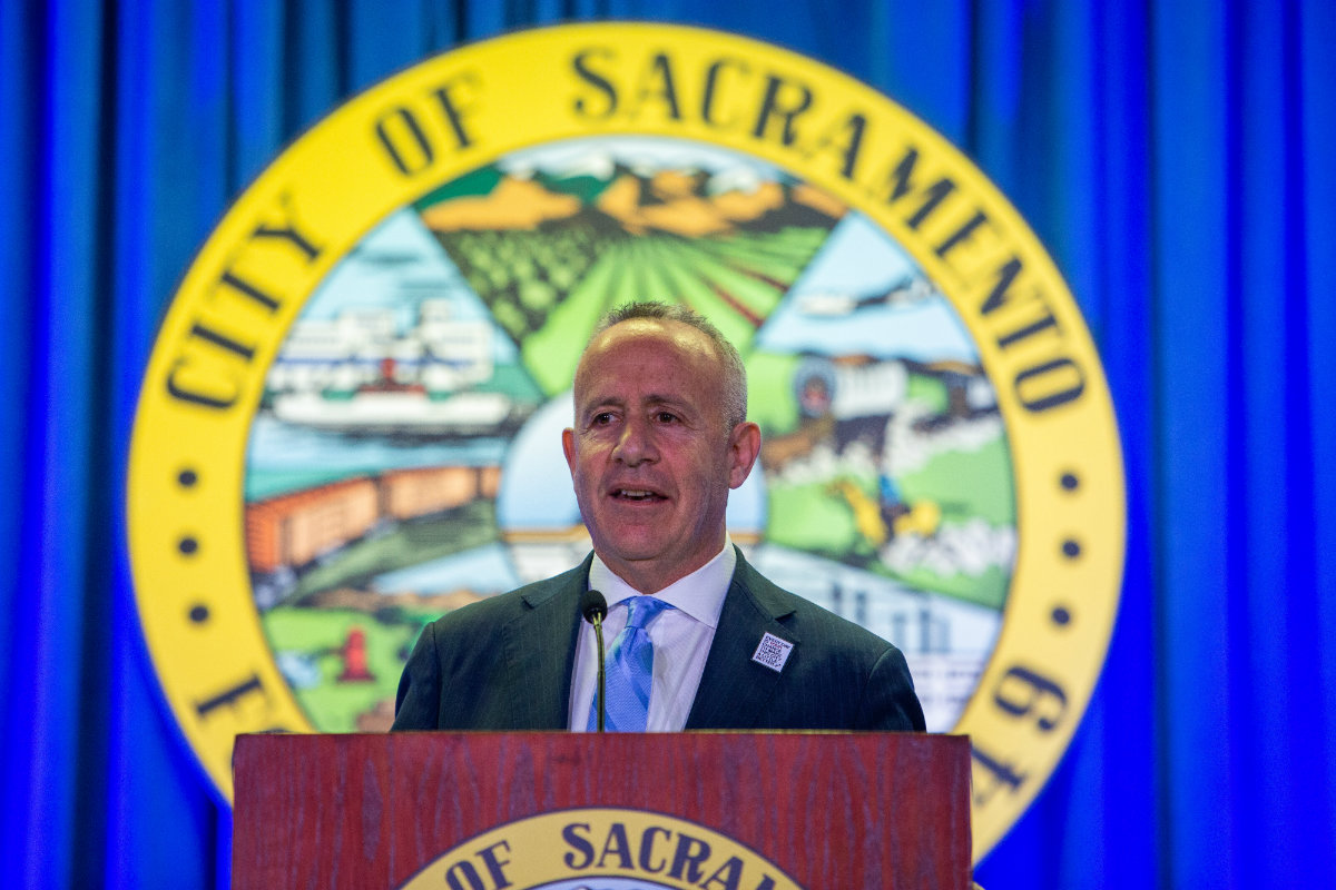 Sacramento Mayor Darrell Steinberg delivers the State of the City address in February 2019. Andrew Nixon / Capital Public Radio