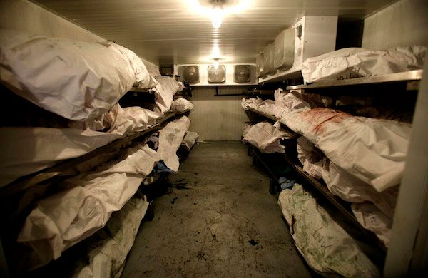 This photograph purportedly showing a morgue full of bodies in Slovyansk, Ukraine, was published on a Russian website, then went viral. But the image actually showed a morgue in Mexico during the drug wars in 2009. (AP/Guillermo Arias)