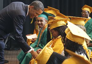 President Obama greeted graduates, some overcome with emotion, before he delivered the commencement address at Booker T. Washington High School in Memphis, Tenn. on May 16, 2011.