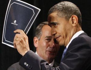 President Barack Obama and future House Speaker John Boehner cross paths in 2010. Both earned False ratings today from the Truth-O-Meter.