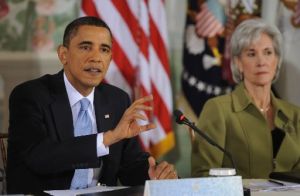 President Barack Obama speaks and Health Secretary Kathleen Sebelius looks on at Thursday's bipartisan health care summit.